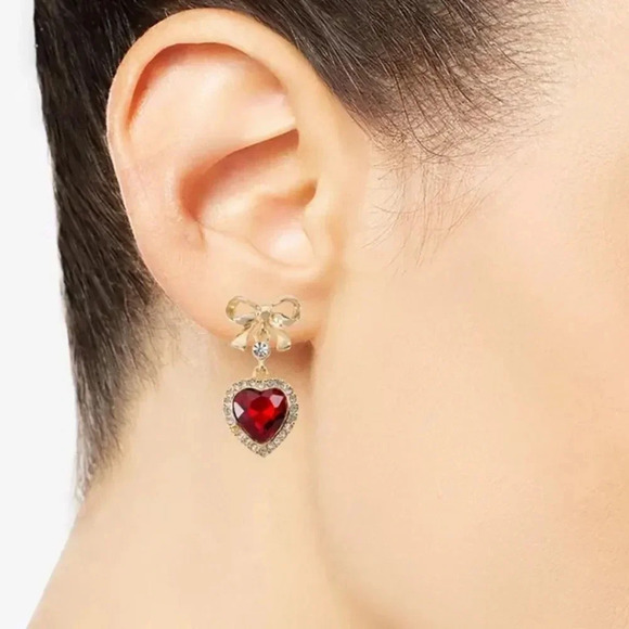 RED CRYSTAL BOW HEART EARRINGS - Picture 2 of 2